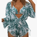 COZYEASE Women's 2025 Summer 3 Piece Swimsuits Tropical Print Bikini Set Halter Drawstring Bathing Suits with Cover Up XL