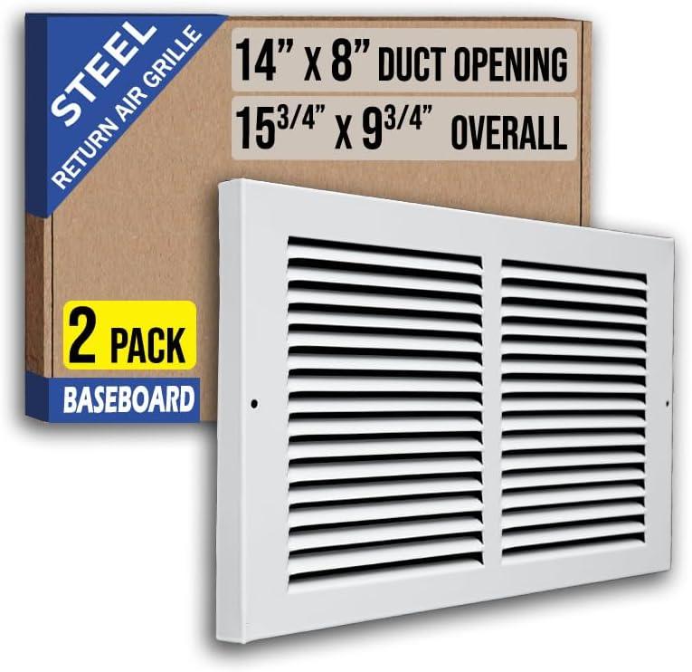 [2 Pack] Fits 14x8 Duct Opening | Steel Baseboard Return Air Grille by Handua | Vent Cover Grill | 7/8" Margin Turnback [Depth] to Fit Baseboard | White | Outer Dimensions: 15.75"W X 9.75 "H