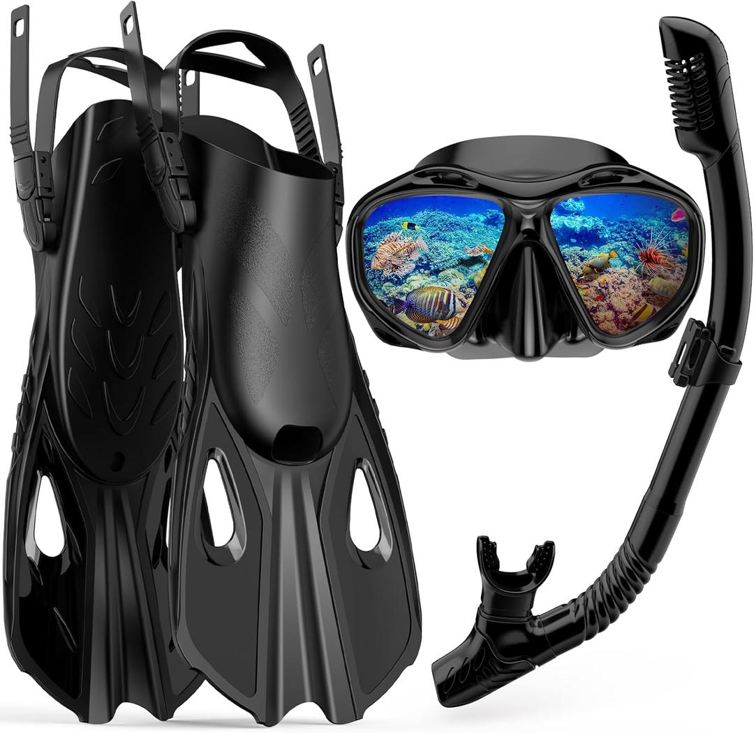 Mask Fin Snorkel Set, Travel Size Snorkeling Gear for Adults with Panoramic View Anti-Fog Mask, Fins, Dry Top Snorkel for Swimming Training, Snorkeling Kit Diving Packages (Black, L/XL)