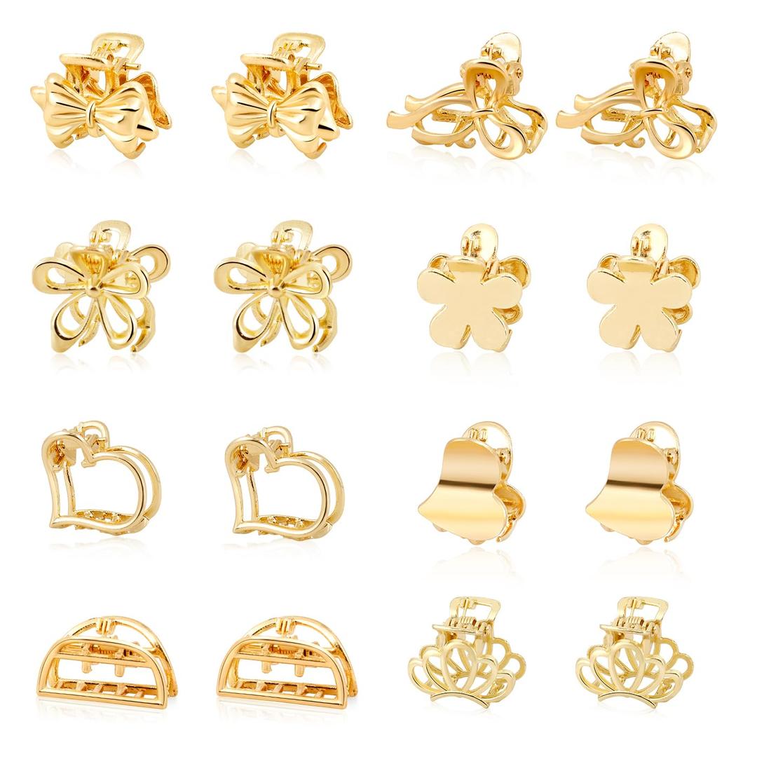 CWJCYTNSN 16PCS Small Hair Clips Gold Mini Metal Hair Claw Clips Tiny Hair Clips for Thin Thick Hair, Cute Flower Heart Bows Hair Clip, Nonslip Bangs Hair Accessories for Women Girls