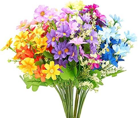 6 Bundles Outdoor Artificial Flowers for Decoration,Silk Flowers UV Resistant Fake Flowers No Fade Faux Flowers Bouquet Hanging Plants for Indoor Outside Farmhouse Home Garden Rainbow Daisy Mums