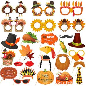 Lucleag Fall Photo Booth Props, 21Pcs Turkey Maple Leaf Pumpkin Photo Props Photo & 6Pcs Party Photo Glasses for Thanksgiving Party Decoration, Photo Props for Thanksgiving Fall Party Supplies