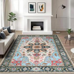 WILLSUN Washable Area Rugs, 6x9 Non-Slip Boho Large Area Rugs for Living Room, Bedroom, Machine Washable Vintage Rug, Indoor Floral Print Carpet for Home Decor, Kid & Pet Friendly Mat (Beige/Blue/Black)