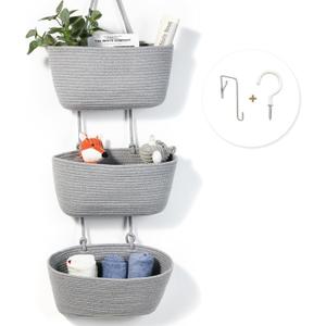 DULLEMELO Wall Hanging Basket for Home Decor 3-Tier Woven Cotton Wall-Mounted Hanging Storage Basket, Decorative Woven Storage Basket with Door Hooks, Gray (Grey)