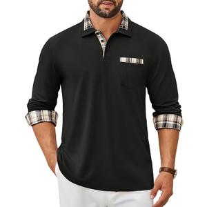 COOFANDY Men's Polo Shirt Long Sleeve Casual Button Polo Tee Plaid Collared Golg Shirt with Pocket M