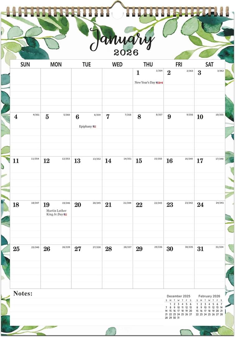 2026 Wall Calendar 12" x 17" from July 2025 - December 2026, 18 Monthly Hanging Large Wall Calendar 2025-2026 with Spiral Binding Hanging + Large Blocks +Julian Dates for Home or Office Organizing