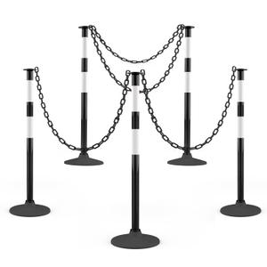 RoadHero 5 Pack Traffic Delineator Post with Weighted Rubber Base, Portable Black Safety Barrier Posts Cones with 5 FT Plastic Chain and Reflective Collars for Parking Lots,Construction Events