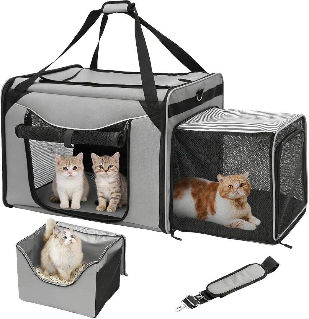 Large Cat Carrier for 2 Cats, 24"x16"x17" Soft Cat Travel Carrier with Litter Box, Expandable Cat Carrier for Car Travel Long Distance, Up to 55 lbs