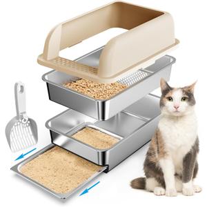 23.6"x16"x12" Stainless Steel Sifting Litter Box with Lid, XL Sifting Litter Box for Pine Pellets Less Tracking, High Sides Metal Litter Tray with Removable Drawer Pan, Anti-Leakage, Easy Cleaning