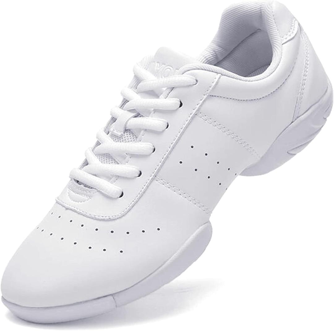 DADAWEN Adult & Youth White Cheerleading Shoes Sport Training Tennis Sneakers Competition Cheer Shoes (5, All White(women))
