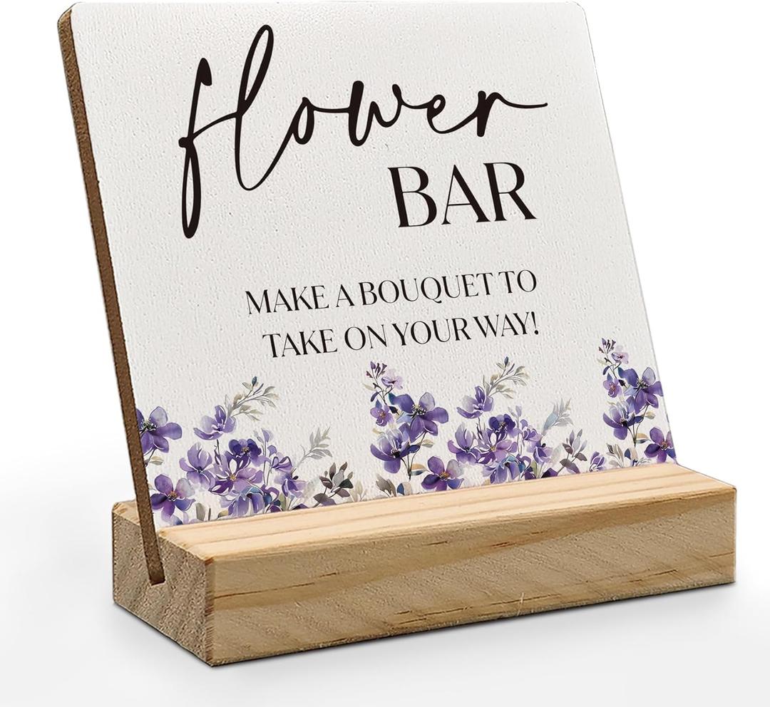 ANlANG Flower Bar Sign, Flower Bar Desk Decor, Bridal Shower Sign Wood Plaque, Wedding flowers, WeddingAccessories for Reception Wooden Plaque Sign for WeddingReception Purple Floral Decor, 4X4 inch