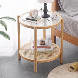 Tiita Rattan Coffee Table, Round End Table, 19.7Inch Modern Side Table, Small Bamboo Living Room Side Table, Glass Sofa End Table for Balcony and Office Outdoor/Indoor (Wood), round, 19.7-inch diameter