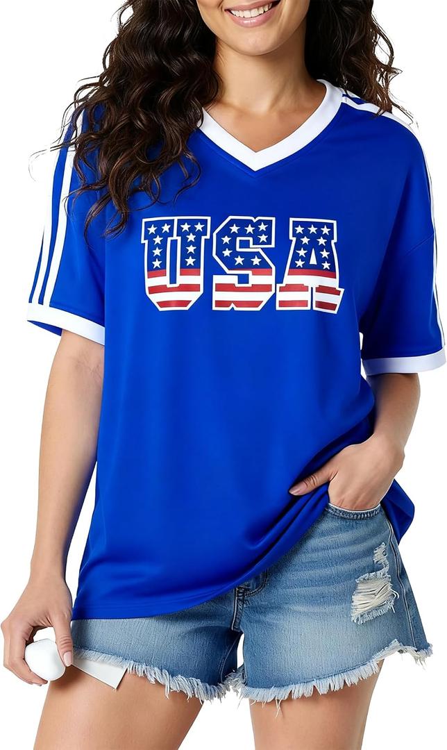 Brazil Shirt for Women Soccer Jersey Short Sleeve Shirts Brazil Jersey Contrast Binding V Neck Plus Tee Tops (M)