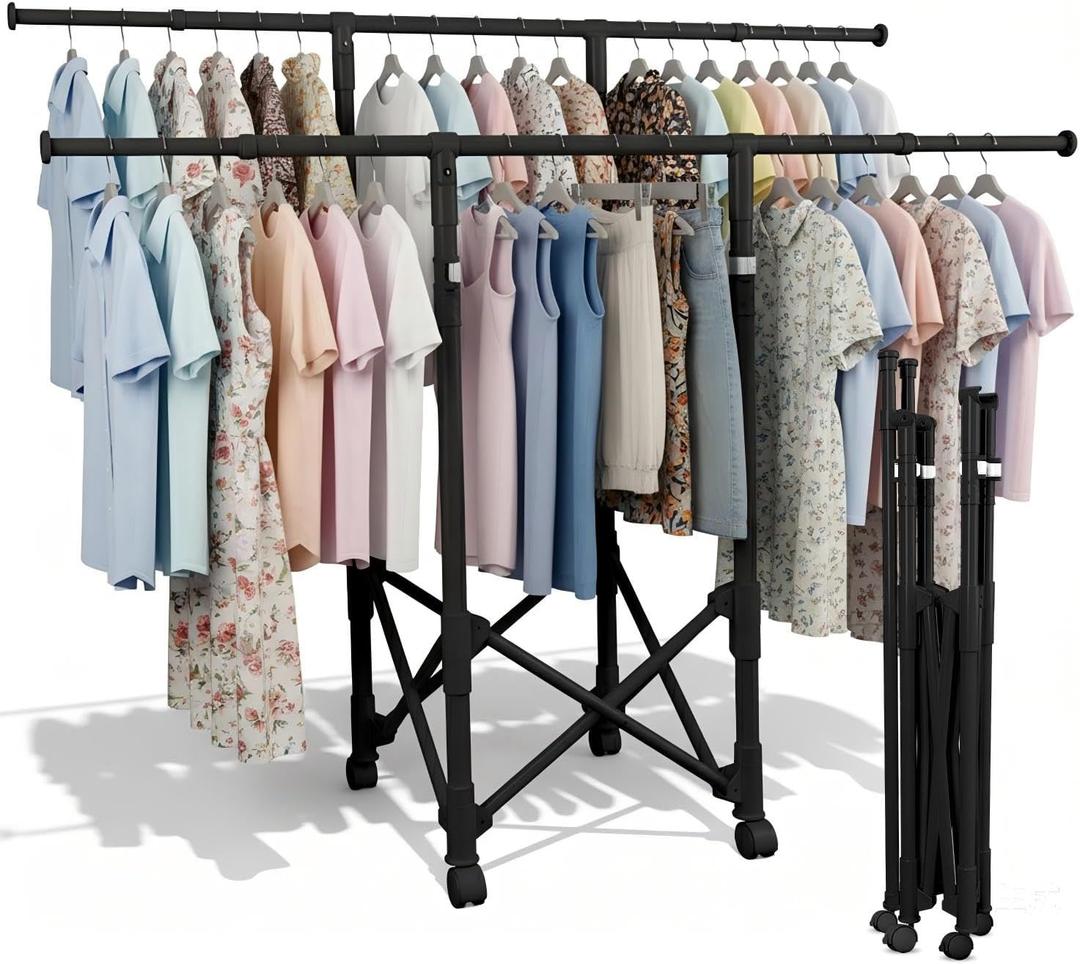 Clothes Rack Double Rods, Foldable Laundry Rack for Air Drying Clothing, Wardrobe Closet Rolling Sturdy Metal Garment Rack for Bedroom Laundry Living Room, Black