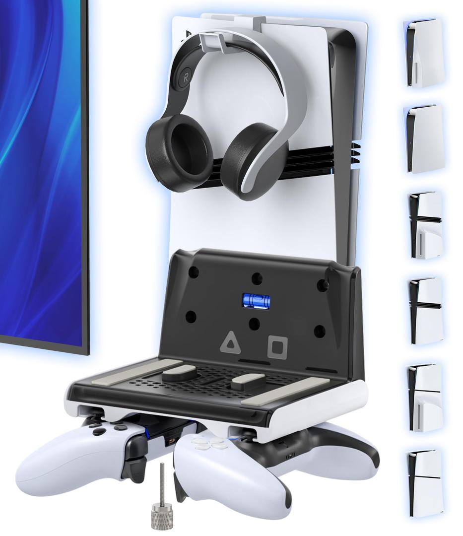 P5 Wall Mount Kit with Controller Holder Compatible with P5/Slim/Pro Disc & Digital, Pa5 Mount Floating for Gaming Accessories, Compact Pa5 Vertical Wall Shelf Organizer Bracket with Headphone Hook