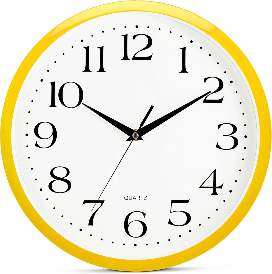 Bernhard Products Yellow Wall Clock 12 inch Silent Non Ticking Battery Operated Quartz Easy to Read Round Classroom Home Decor for Kids Playroom Baby Room Nursery Fun