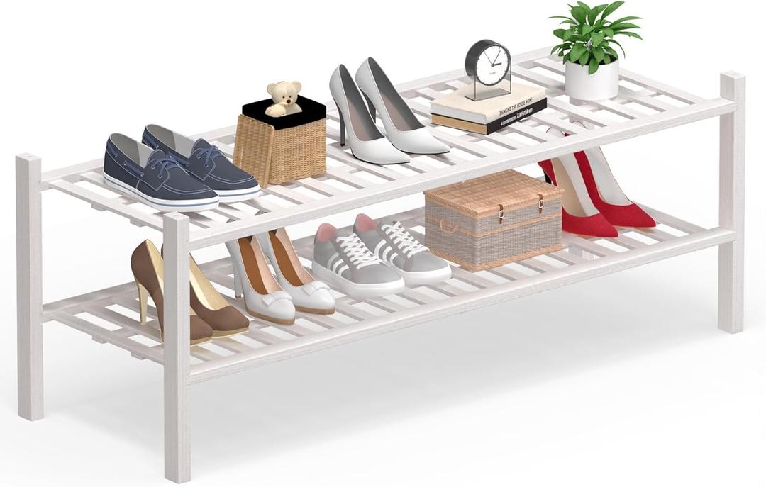 Haddockway Long 2 Tier Bamboo Shoe Rack Storage Organizer, Multifunctional Free Standing Stackable Shoe Shelf with Grid Panel for Closet,Hallway,Entryway,Small Space 34.2"x11"x13" (White)