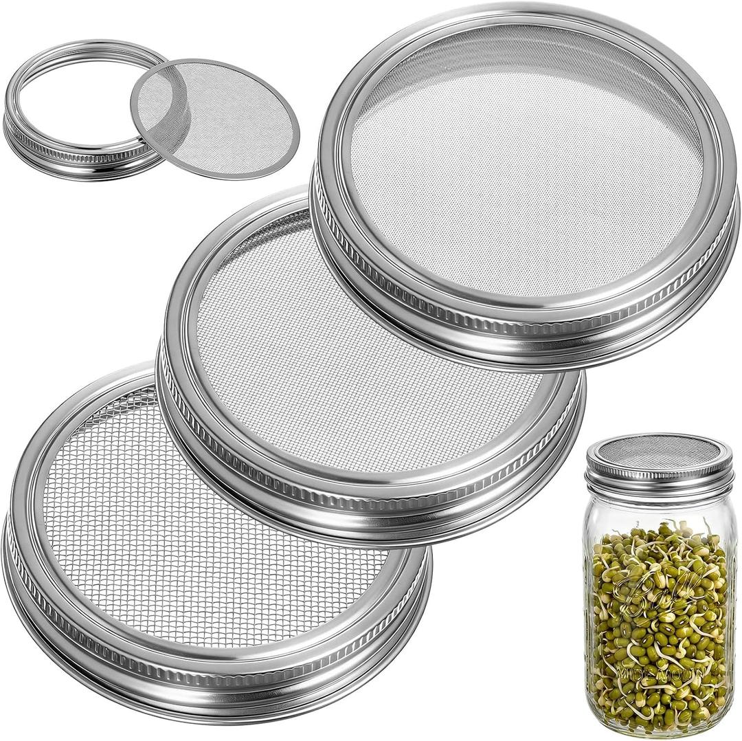 Sprouting Growing Lids for Wide Mouth Mason Jars, Sprouting Lids with 3 different orifice sizes, Alfalfa & Mung Bean Sprouts Grow Kit,L,M,S Strainer mesh(9 Pcs, Silver, Stainless Steel)