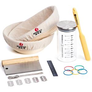 Banneton Bread Proofing Basket Set, Sourdough Starter Kit and Baking Tools - 9 Inch Round & 10 Inch Oval Baskets, 600ml Starter Jar, Bread Lame
