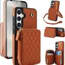 Phone Case for Samsung Galaxy S24 Plus S24+ 5G Wallet Cell Cover with Tempered Glass Screen Protector Wrist Crossbody Strap RFID Blocking Card Holder S24Plus 24S + S 24 24+ SM-S926U Women Girls Brown