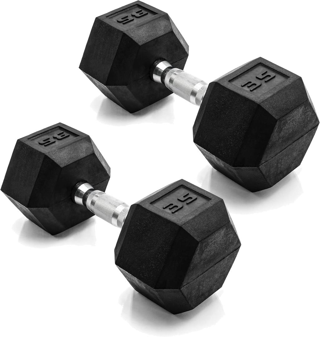 CAP 35 LB Rubber Coated Hex Dumbbell Weight, Rubber Free Weights for Home Gym Strength Training, Chrome Handle, Pair