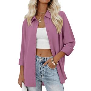 Womens Oversized Button Down Shirts Long Sleeve Chiffon Blouse Tops, Purple (Purple, M)