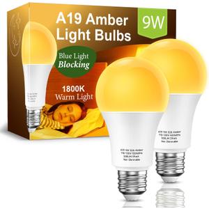 Amber Light Bulbs for Sleep: 9W Amber Warm 1800K, Blue Blocking Dim Bulbs 60W Equivalent, E26 Bulb for Mood Soothing, Bedroom and Baby Nursery Light, 2 Pack