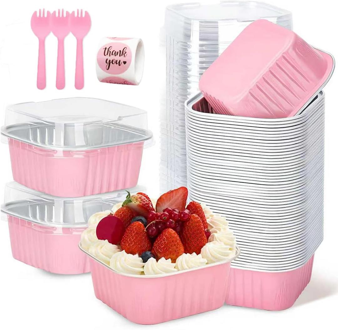 30Pack 5oz Pink Mini Cake Pans with Lids and Spoons Baking Cups Aluminum Foil Pans Tins, Individual Dessert Cups Containers for Sales,Party,Picnics