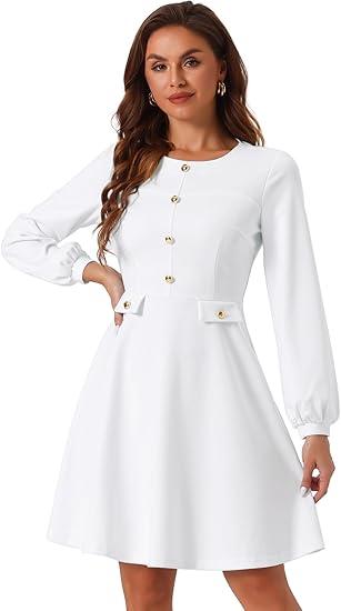 Allegra K Work Office Dress for Women's Button Decor A-Line Long Sleeve Dress White XS
