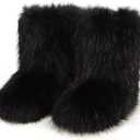 QMFUR Women's Furry Faux Fur Boots Fuzzy Fluffy Mid Calf Snow Boots Suede Warm Fur Lined Booties Flat Fashion Boots (7, Black 1)