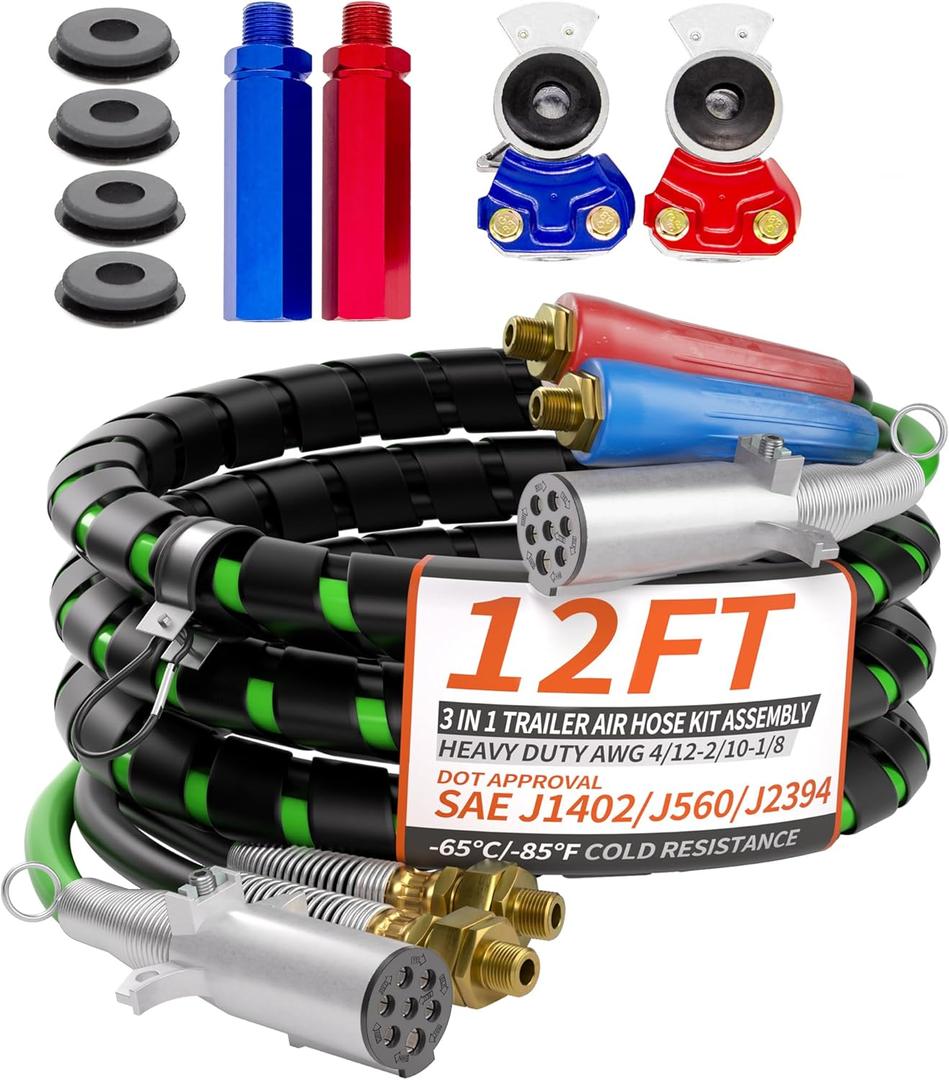 12FT 3 in 1 Trailer Air Line Hose Kit Assembly with Gladhands, Handles, Seals, 7 Way ABS Electrical Power Cable Airline Hose Wrap for Semi Trucks Trailer Tractor