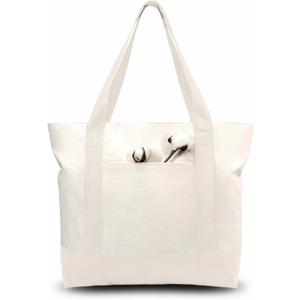 TOPDesign 1-Pack Canvas Tote Bag with an External Pocket, Reusable Grocery Shopping Bag, Top Zipper Closure, Daily Essentials (Natural)