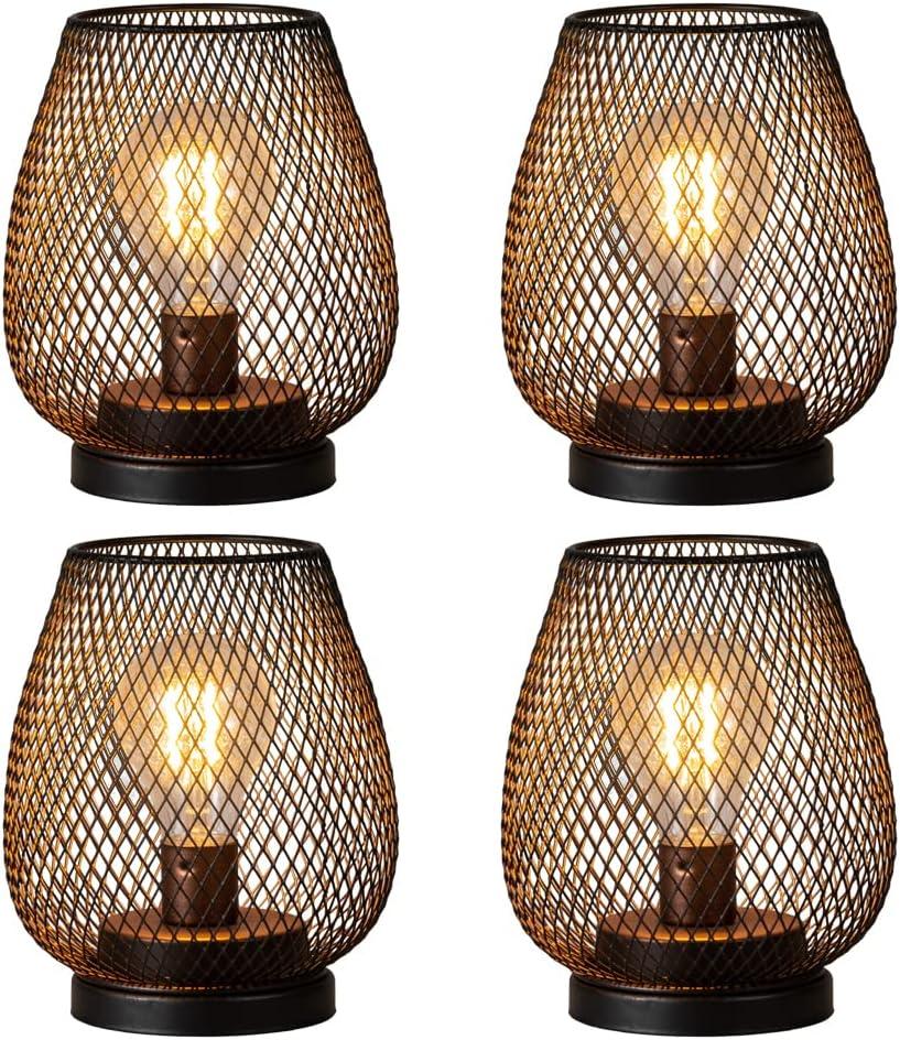 DECORKEY Set of 4 Battery Operated Lamp LED Table Lantern, Brown Metal Cage Cordless Lamps with LED BulbVintage Decorative Outdoor Lantern for Weddings, Parties, Patio, Events for Indoors Shelf Decor