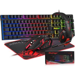 BlueFinger RGB Gaming Keyboard and Backlit Mouse and Headset Combo, USB Wired Backlit Keyboard, LED Gaming Mouse Set, Headset with Microphone for Laptop PC Computer Game and Work (Black)