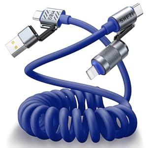 4-in-1 Coiled USB C Cable for Car 5FT [60W Fast Charging] Compatible with Lightning Cable [CarPlay & Android Auto] Multi Charger Cord Combo with L/Type C/USB A Ports for iPhone/iPad (blue)