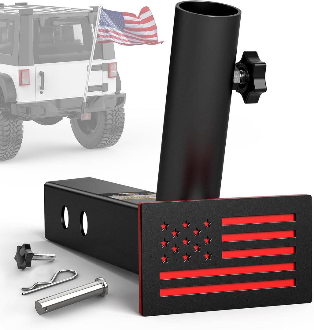 Boslla Hitch Flag Pole Holder, Trailer Hitch Flagpole Mount Holder Universal for Standard 2 inch Receivers, Compatible with Truck Jeep Pickup RV SUV (Black&Red)