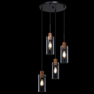 4 Light Ceiling Light Industrial Farmhouse Fixture,Natural Wood Clear Glass Black Finish for Kitchen Island Bedroom Hallway Dining Room Entryway