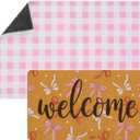 Tinideya 2 Pcs Pink Bow Welcome Doormat 23x35 in Layered Buffalo Plaid Carpet Coquette Non Slip Pink Bow Bathroom Mat Coir Mats Cute for Entrance Porch Indoor Outside Home Decor Gift Supplies
