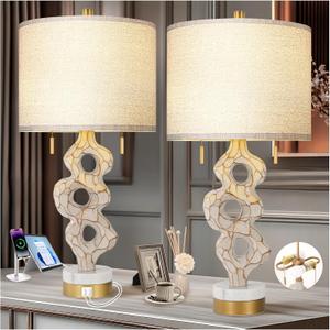 Scenekoy Sculptural Table Lamp Set of 2 for Bedroom, 26 Farmhouse Bedside Lamps for Living Room, Rustic Linen Shade Night Stand Lamp Marble Base with USB Ports for Home Decor (E26 Bulbs Included)