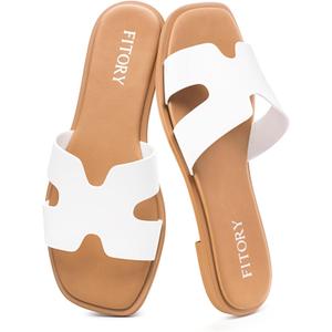 FITORY Women's Slide Sandals, Flat Fashion Square Open Toe with Cushion Slippers for Summer Beach, Size 8 (White)