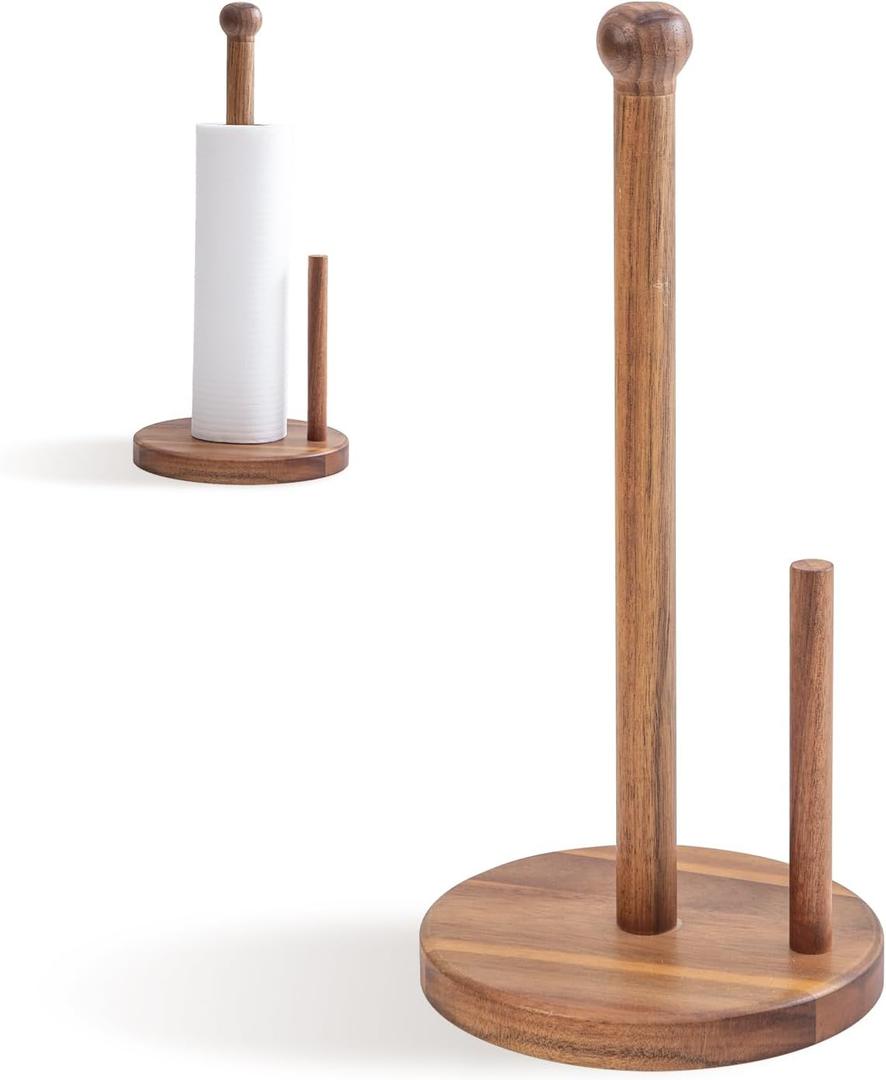 14.3" Acacia Wooden Paper Towel Holder, 6.7" Large Heavy Base Wooden Kitchen Roll Stand Organizer Free Standing, Rustic Farmhouse Paper Towel Holder Stand, Standing Paper Towel Roll Holders (6.7" Acacia Double Column)