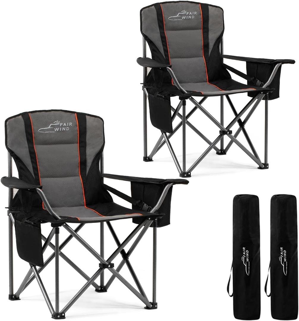 FAIR WIND 2 Pack Oversized Fully Padded Camping Chair with Lumbar Support, Heavy Duty Cooler Bag Fold Chair Support 450 LBS (Twin Pack, Black)