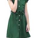 GORLYA Girl's Ruffle Trim Sleeve Button Down Floral Print Casual Vintage Midi Dress with Pockets for 4-12 Years Kids (GOR1022, 9-10Y, Green)