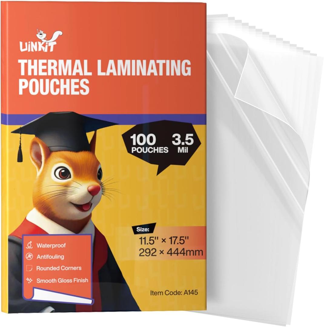Uinkit A3 / Menu Size Thermal Laminating Pouches - Glossy 3.5 Mil 100-Pack, 11.5 x 17.5 Inches