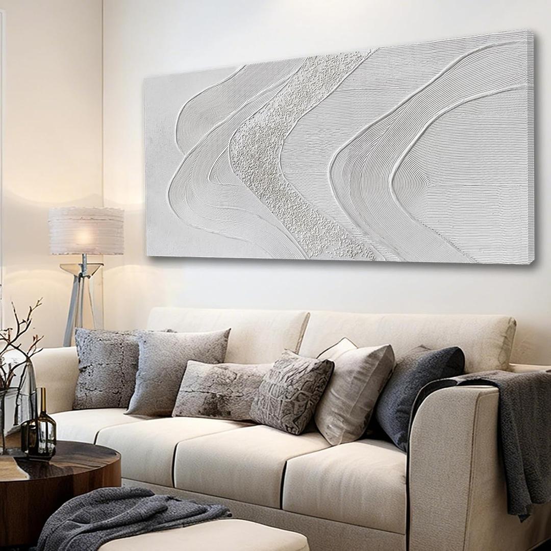 Minimalist White Abstract Wall Art, Hand Painted Textured Canvas in Neutral Beige and Cream Tones, Modern Gallery Wrapped Wall Decor for Living Room Bedroom Dinning Room, Ready to Hang, 24x48 Inch