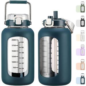 MUKOKO 84oz Glass Water Bottle with Time Marker and Silicone Sleeve 2.5L Water Jug with Stainless Steel Handle Gallon Drinking Bottle with 2-in-1 Lid Wide Mouth BPA Free, Dark Blue