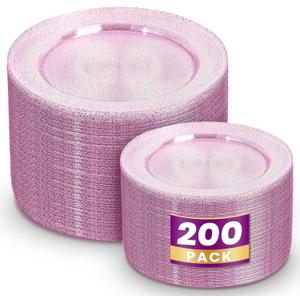 WDF 200PCS Pink Plastic Plates - Rose Gold Glitter Plastic Plates - Heavy Duty Pink Glitter Disposable Plates - Include 100 Dinner Plates 10" and 100 Dessert Plates 7" for Parties/Wedding