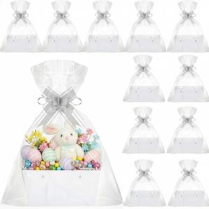 Colarr 12 Pack Baskets for Gifts Empty Bulk Kraft Empty Gift Basket Kit with Handle Wrap Bag Bow DIY Cardboard Market Tray to Fill for Easter Wedding Graduation Party, 9.8" x 6.5" x 4.3"(White)