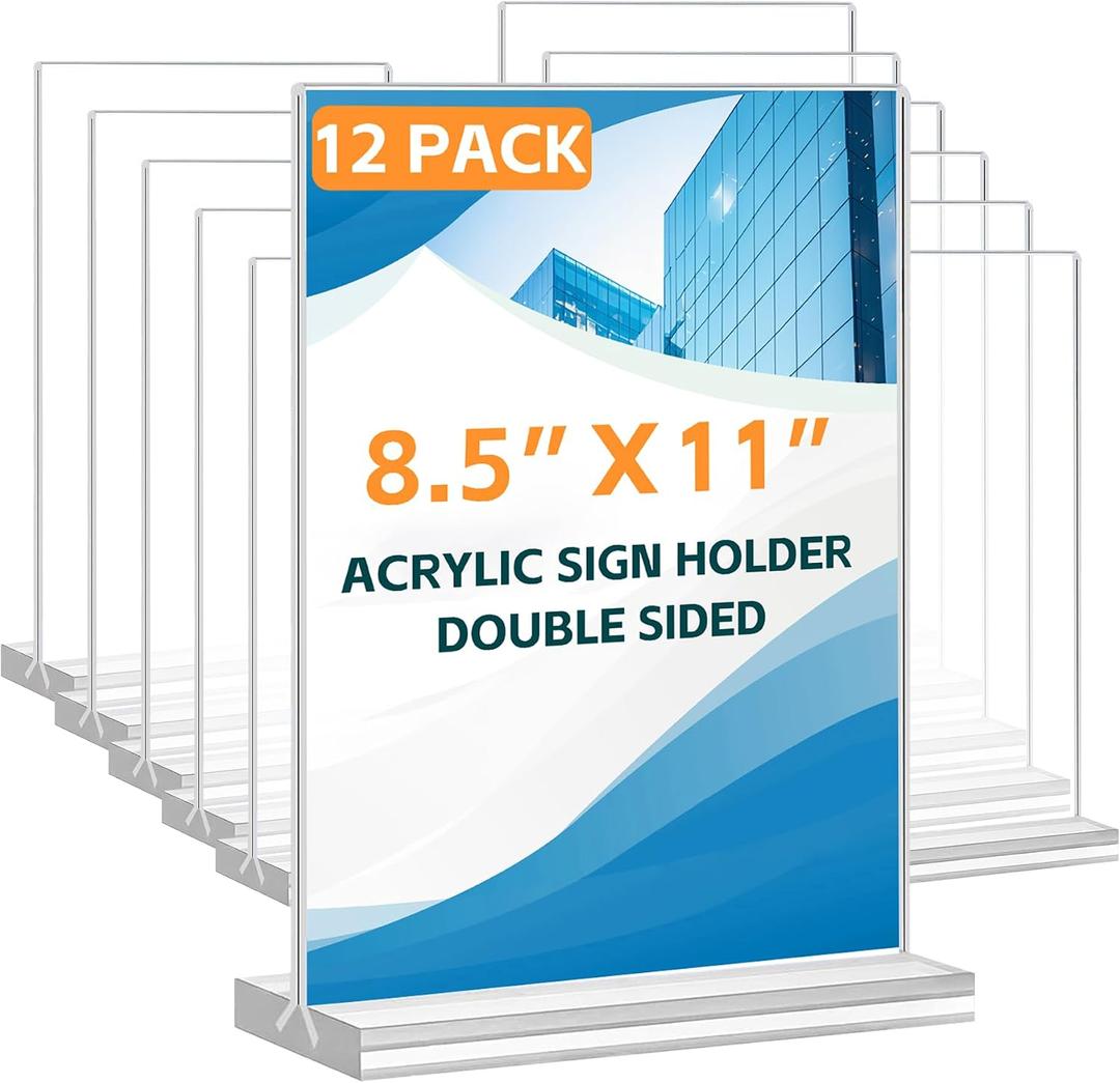 Acrylic Sign Holder 8.5 x 11, 12 Pack Acrylic Display Stand, Double-Sided Clear Sign Holder, Vertical Plastic Stands for Display, Stand up Table Top Frame Paper Holder for Office Business Store Restaurants