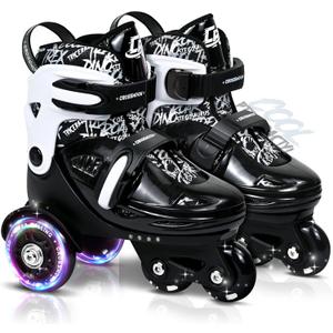 Toddler Roller Skates with Cool Dino Script Design, Kids Training Skating Shoes with Triple Safety Protection, 4 Adjustable Sizes, Light-Up Wheels (XS-Small(6.5C-9C US), Fossil Black)